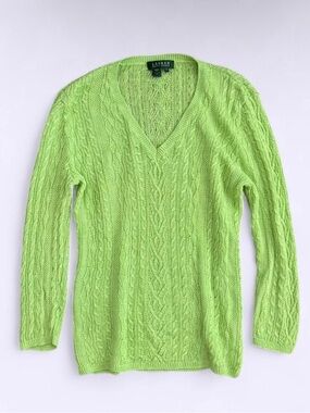 Lauren Ralph Lauren Green Linen Cable Knit Sweater V Neck Lightweight 90s